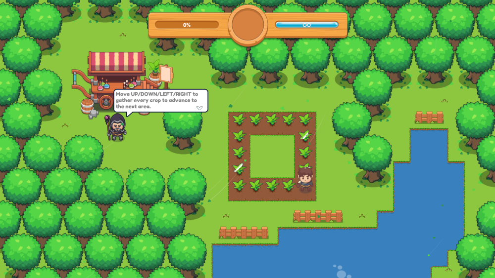 Image of the first level of Rivenaar's Grove. The magician is telling his apprentice the he needs to move up, down, left and right to complete the level.