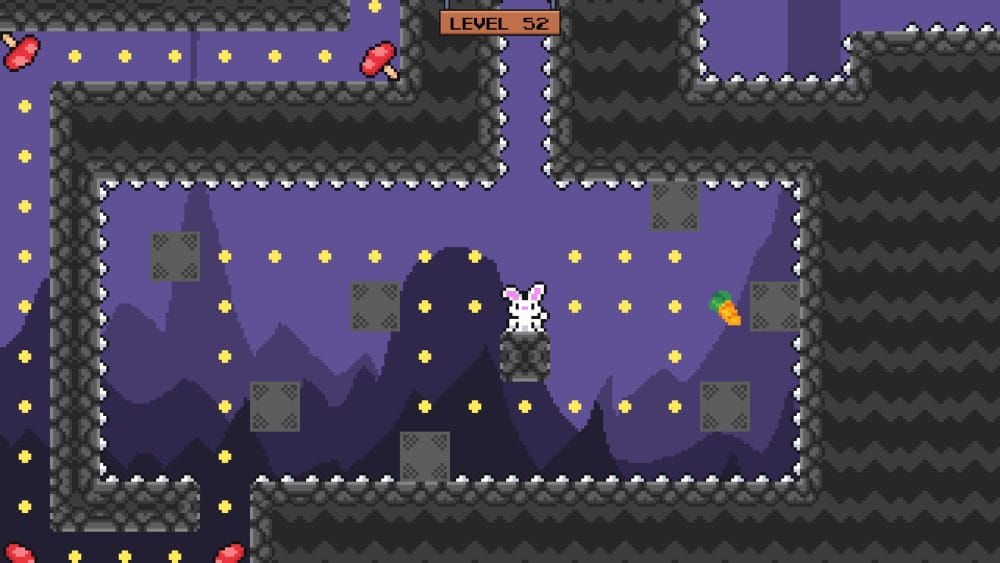 Later level of Runny Bunny showing spike traps and dissolving block puzzles.