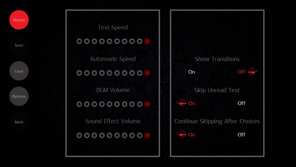 Image of Crime Opera Fandisk's Options Menu. 