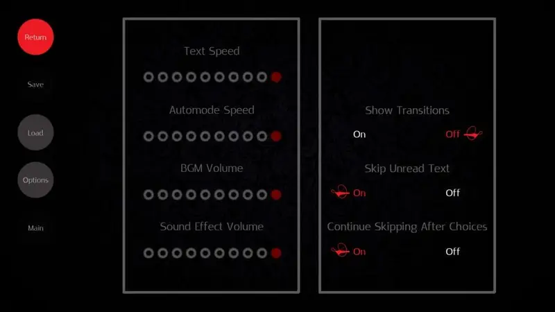 Image of Crime Opera Fandisk's Options Menu. 