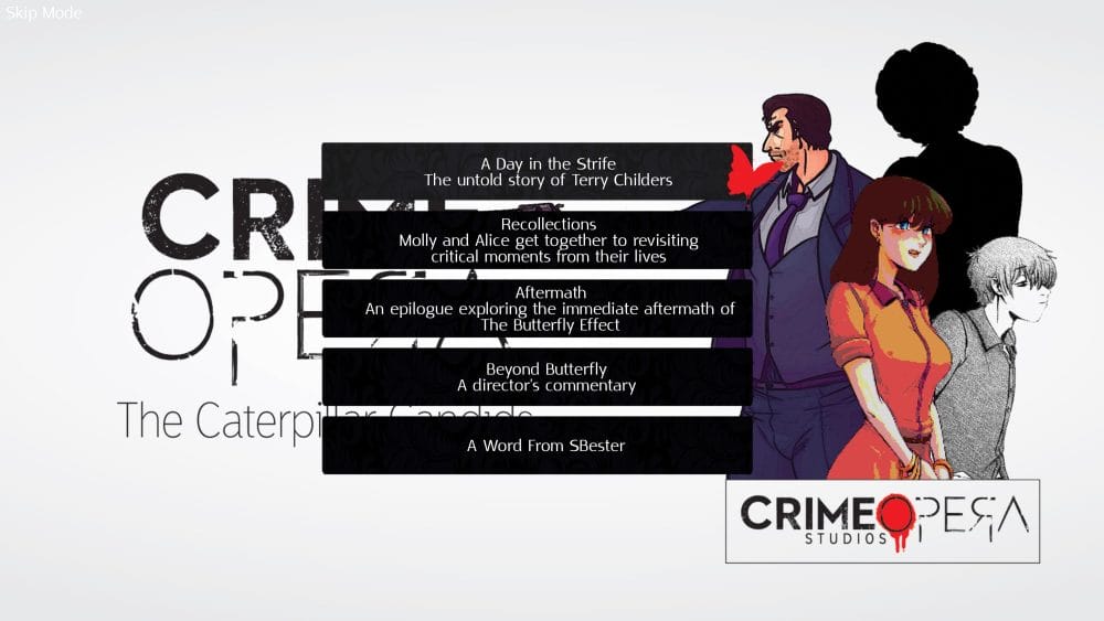 Image of the Crime Opera Fandisk Main Menu Selection Screen.