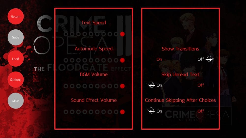 Image shows the Settings Menu for Crime Opera II: The Floodgate Effect.