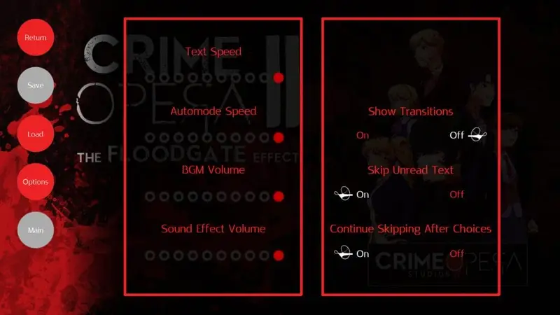 Image shows the Settings Menu for Crime Opera II: The Floodgate Effect.