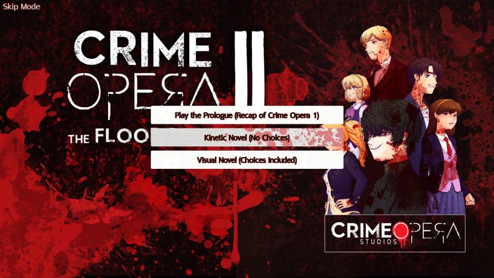 Image shows the main menu selection screen for Crime Opera II: The Floodgate Effect.