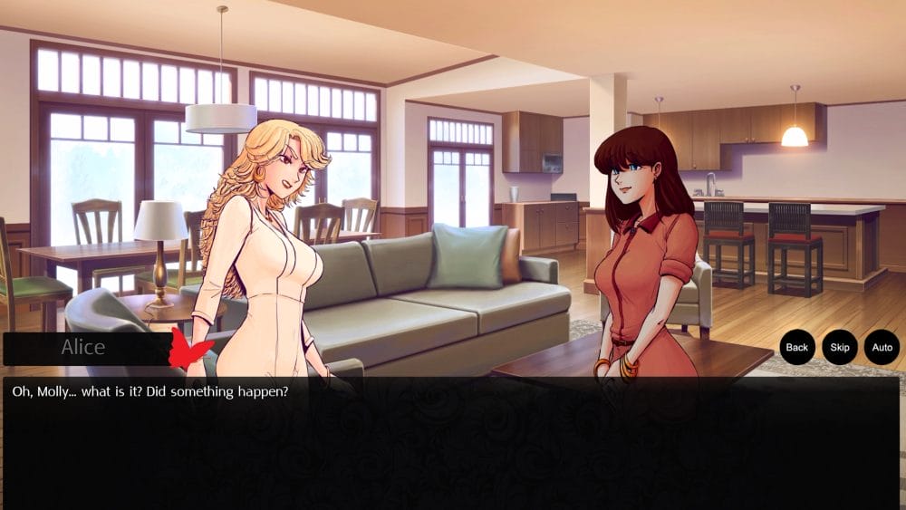 Scene featuring 2 woman standing in the living room of a house having a conversation.