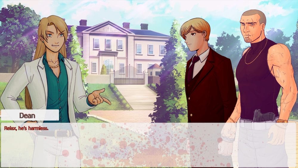 Image shows a rich looking blonde man speaking to another blonde man in a suit and a thug with a gun in front of a mansion.