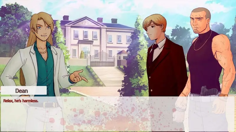 Image shows a rich looking blonde man speaking to another blonde man in a suit and a thug with a gun in front of a mansion.