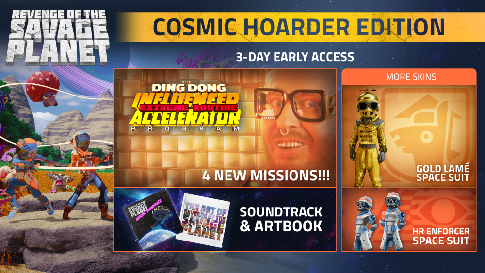 Key Art for Cosmic Hoarder Edition. Show Revenge of the Savage Planet logo with special edition suit skins.