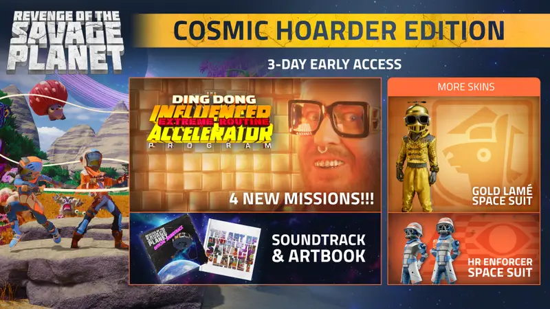 Key Art for Cosmic Hoarder Edition. Show Revenge of the Savage Planet logo with special edition suit skins.