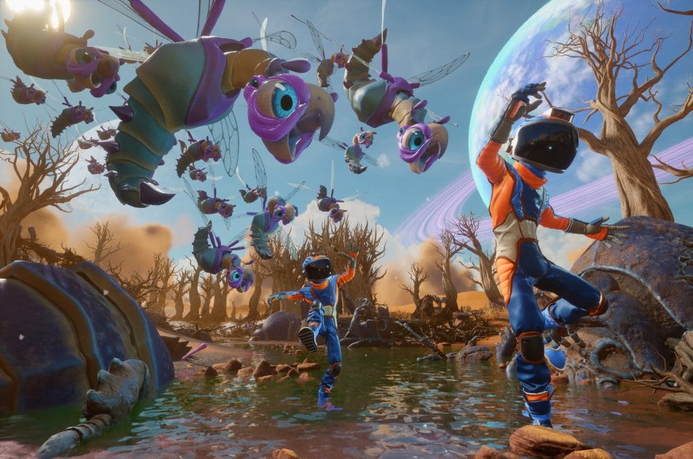 Guys in Spacesuits are being attacked by giant flying bugs.