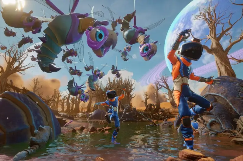 Guys in Spacesuits are being attacked by giant flying bugs.