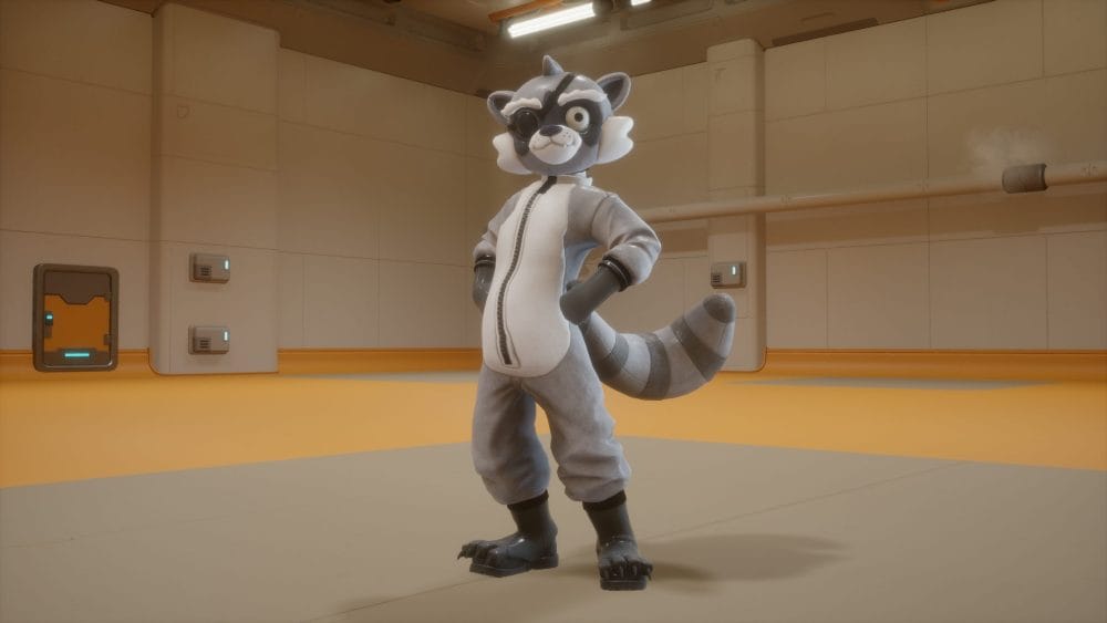 Cinco de Mayo Trash Panda Suit from Revenge of the Savage Planet. Shows a raccoon standing in a grey room.