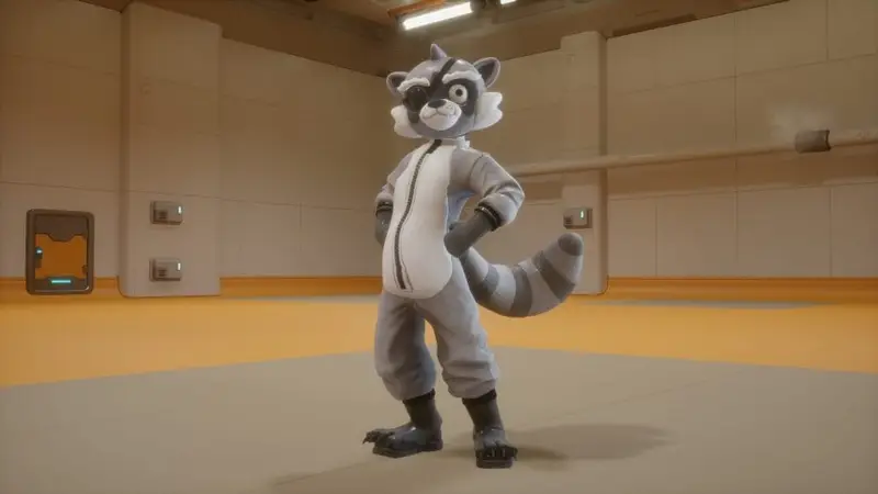 Cinco de Mayo Trash Panda Suit from Revenge of the Savage Planet. Shows a raccoon standing in a grey room.