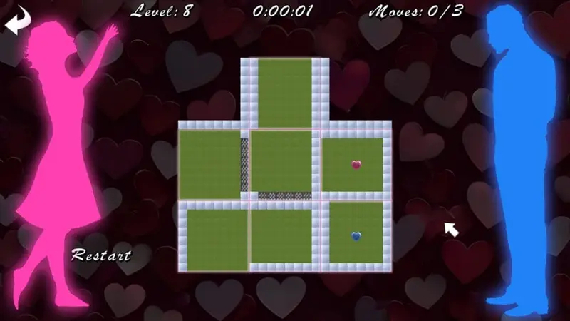 Level from the game Ah, Love showing a red heart and a blue heart in squares along with spike obstacles.