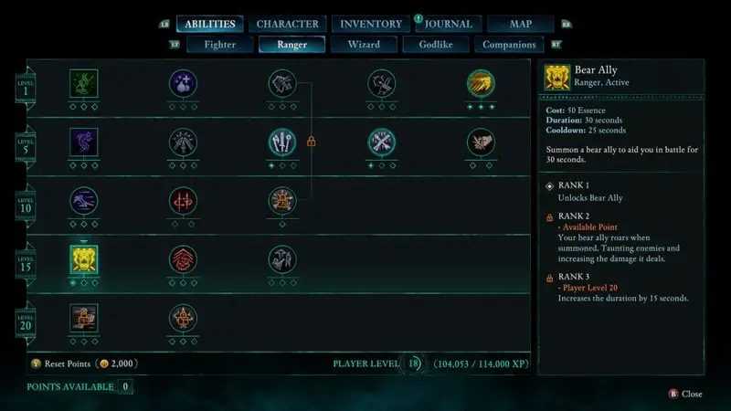 Skill tree from Avowed gameplay showing the ranger class and some of the skills available to the player.