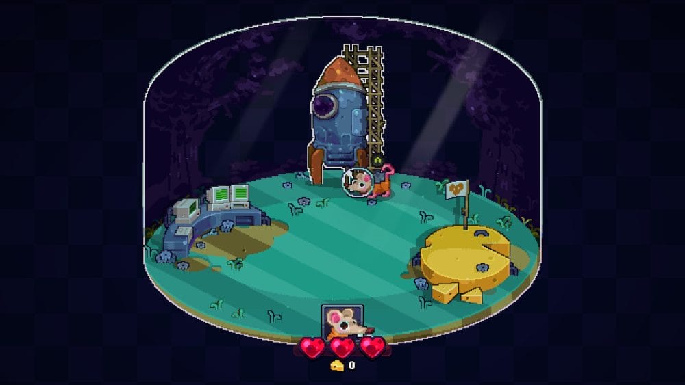 Fish bowl type room with a computer setup on the left, a rocketship in the middle and a cheese wheel on the right.