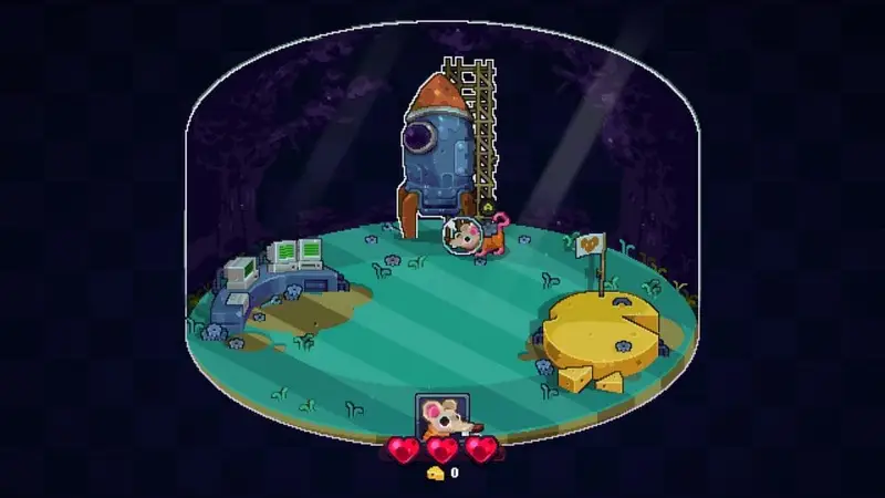 Fish bowl type room with a computer setup on the left, a rocketship in the middle and a cheese wheel on the right.