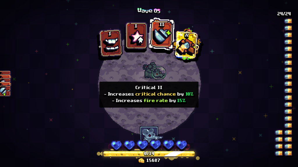 Level showing 4 cards available to select from. The card highlights explains that critical damage will be increased.