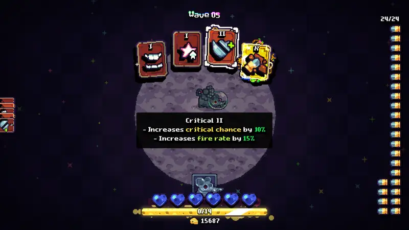 Level showing 4 cards available to select from. The card highlights explains that critical damage will be increased.