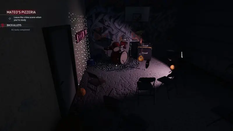 Rooftop concert venue with drums and guitar and seating area for viewing.