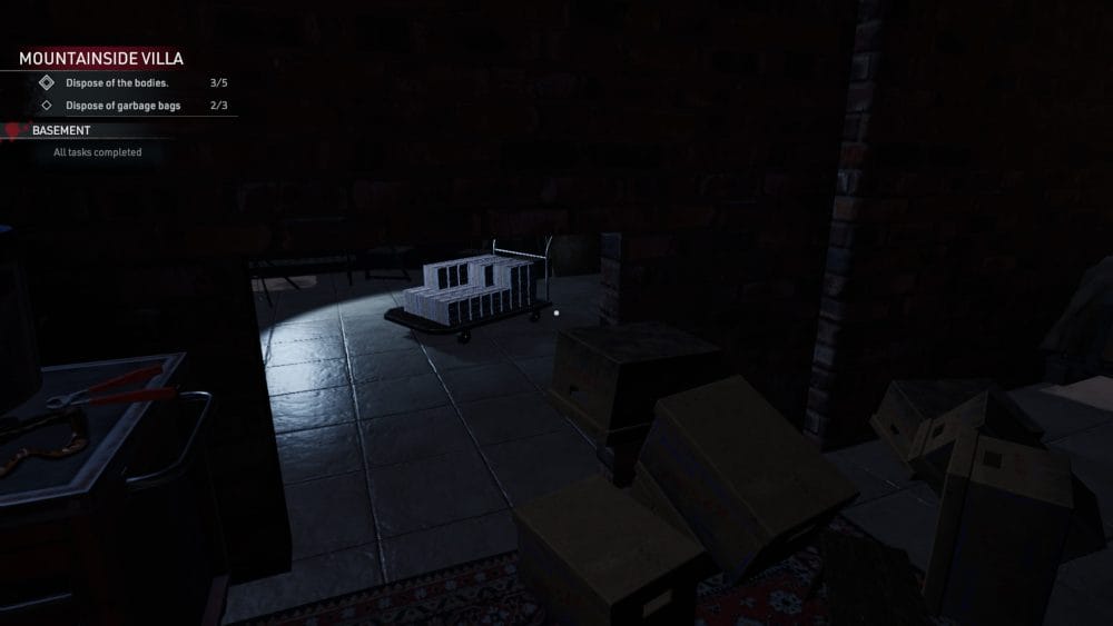 A huge stack of cash on a cart hidden behind a basement half wall.