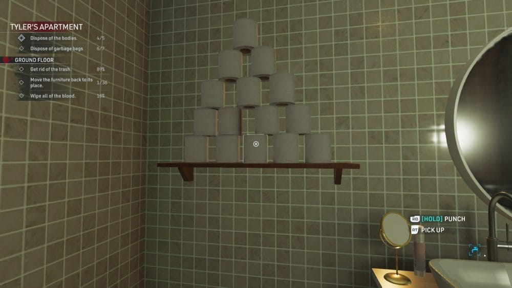 A toilet paper pyramid tower on a wooden shelf in a bathroom.