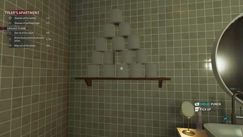 A toilet paper pyramid tower on a wooden shelf in a bathroom.