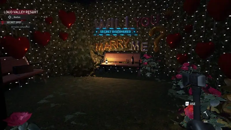 An area is lit with fairy light and heart flowers. A bench has Will You Marry Me? written in balloons above it.