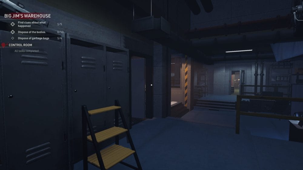 A step ladder is setup next to a row of lockers. This allows you to access the pipes located up above for the Lookin' Out My Backdoor achievement.