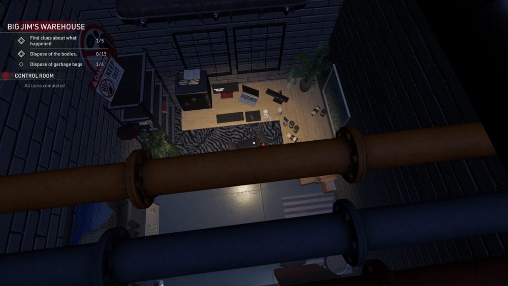 A view of Zack's hidden room from the pipes located overhead in Crime Scene Cleaner.