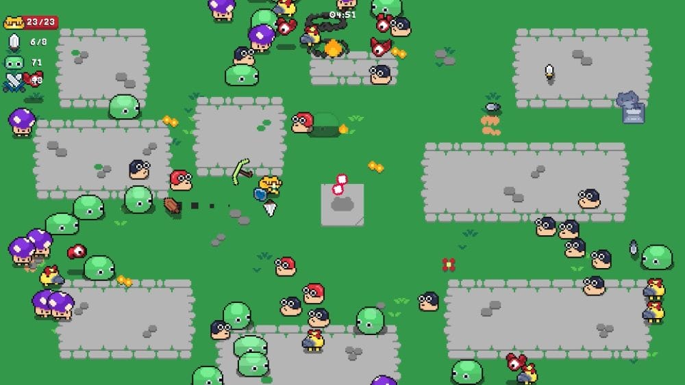 A frog hero defends a horde of enemies.