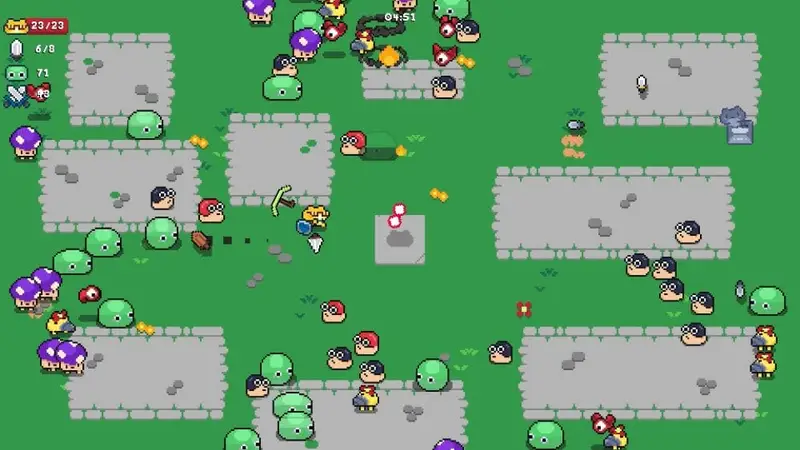 A frog hero defends a horde of enemies.