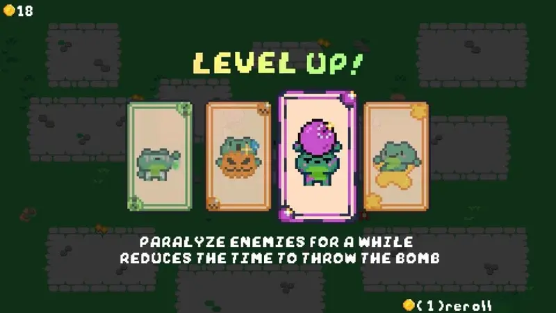 A level up screen is shown from Dagger Froggy. It shows 4 cards with different skills.