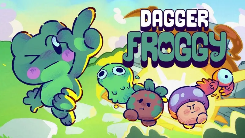Dagger Froggy Cover Art features a frog jumping in the air with enemies chasing behind them