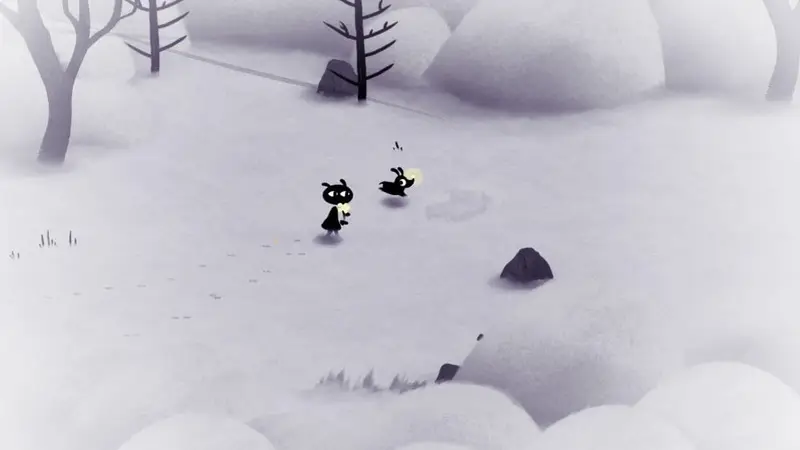 Gameplay screenshot from Koira, showing the main character and dog running through a snowy field.