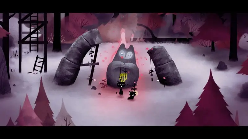 Gameplay screenshot showing the character clearing the red mist from a statue