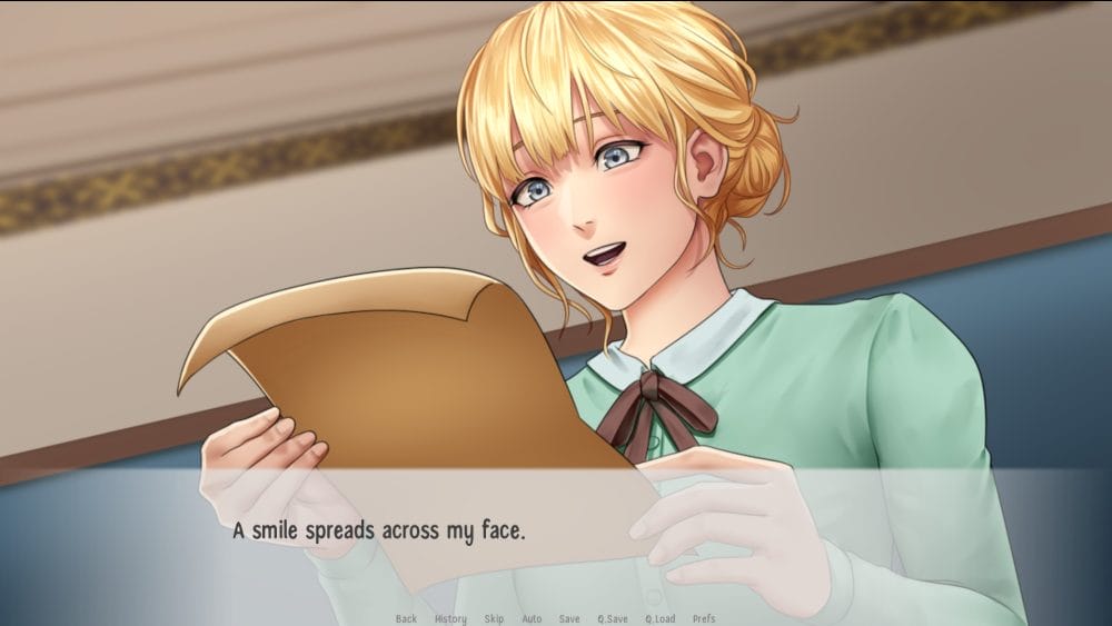 An in game image from Secrets in Green shows a blonde haired girl holds a piece of parchment paper in her hands.