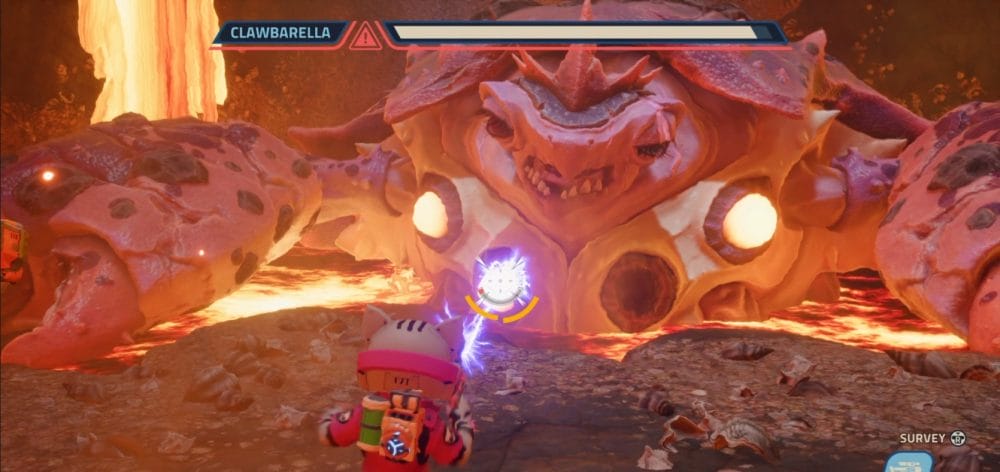 A character in a cat space suit shoots glowing lights on a giant crabs chest.
