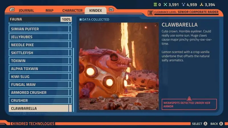 Kindex entry for Clawbarella on Zenithian Rift in Revenge of the Savage Planet.