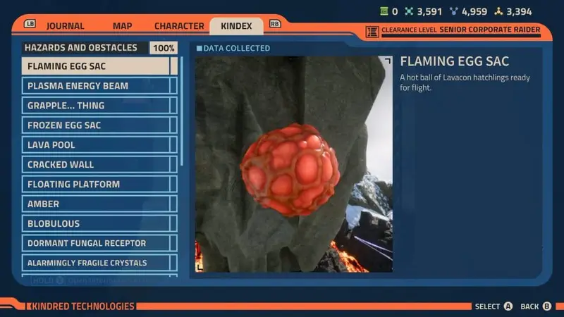 Flaming Egg Sack Kindex Entry on Zenithian Rift in Revenge of the Savage Planet.