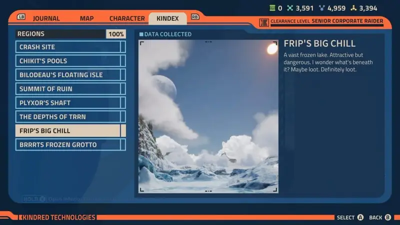 Frip's Big Chill Region Kindex Entry in Revenge of the Savage Planet.