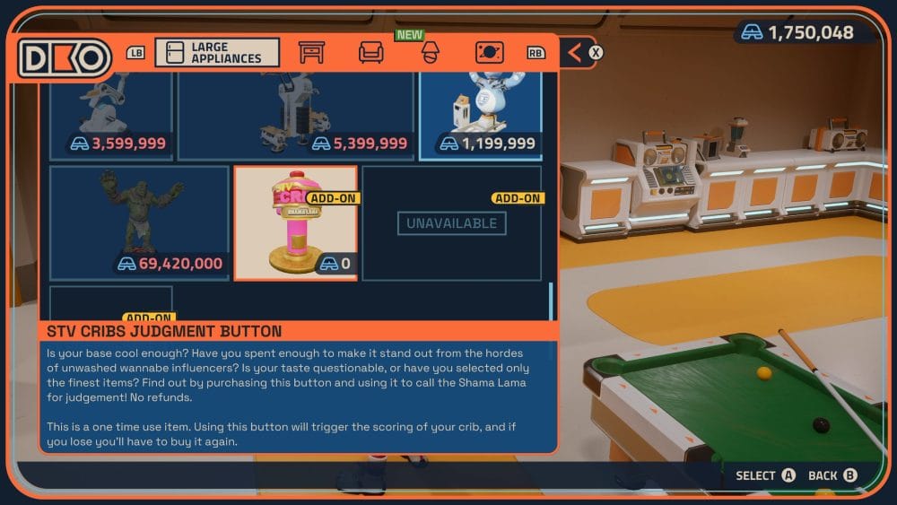 The STV Cribs Button available to purchase in Revenge of the Savage Planet.