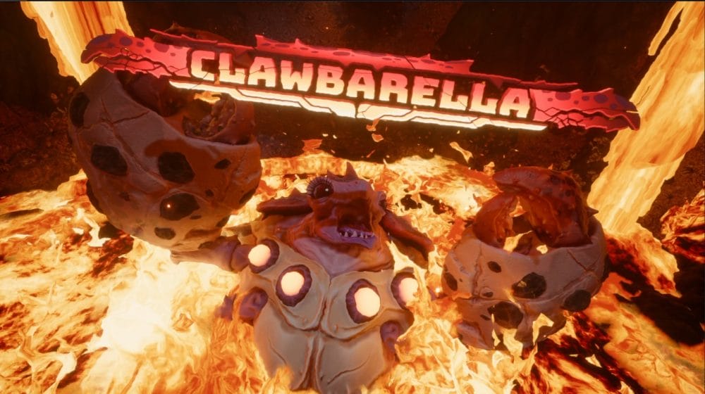 A giant crab emerges from a lake of lava.