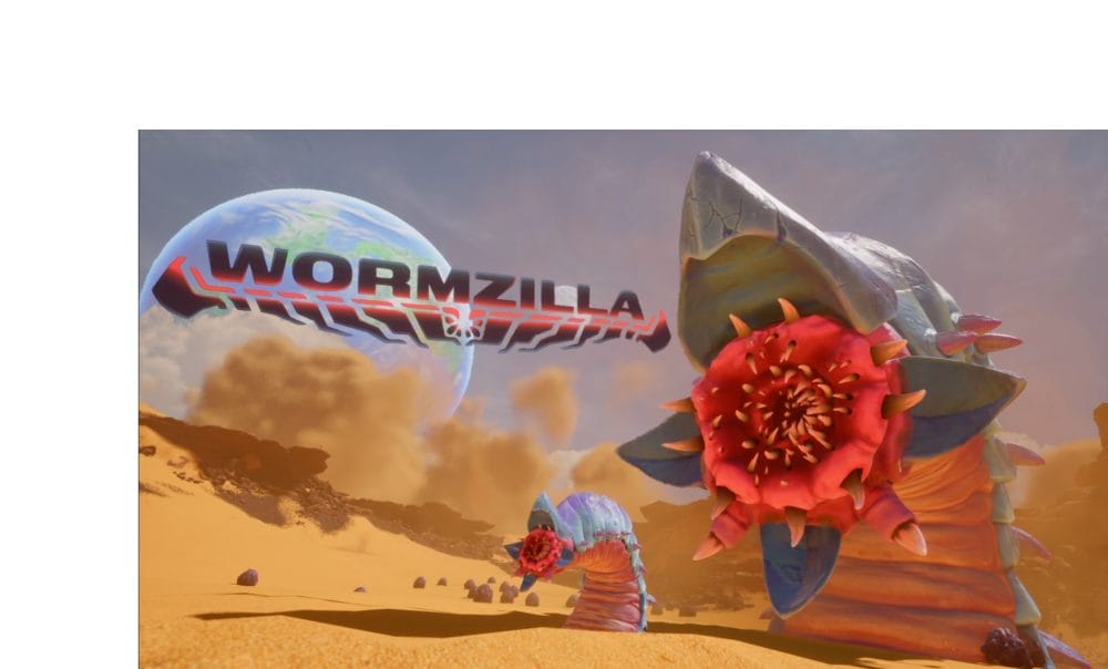 A huge worm emerges from beneath the earth with a baby worm in front.