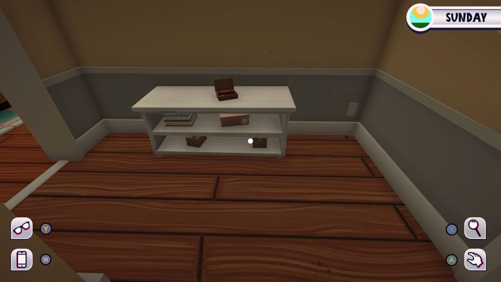 Hallway shelf unit with boxes in Date Everything!