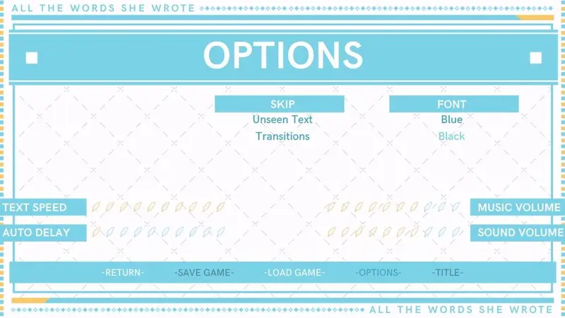 Options Menu from All the Things She Wrote.