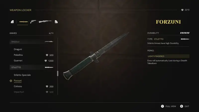Mafia Fantasma Achievement Guide knife selection