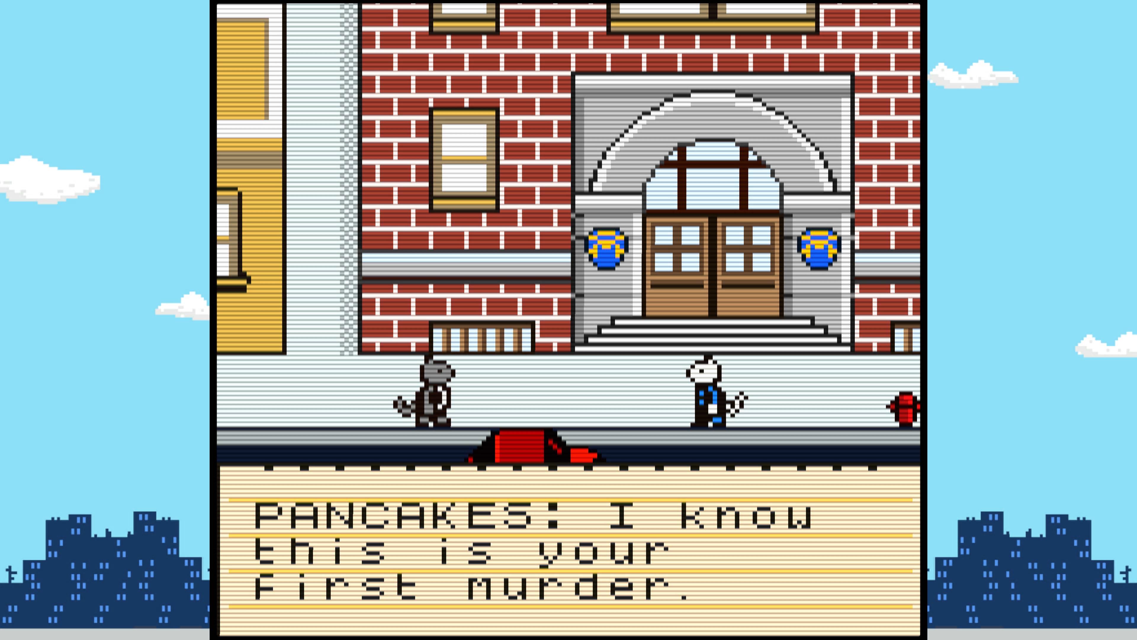 In front of the police station. The text is unnecessarily large. For the game Inspector Waffles Early Days