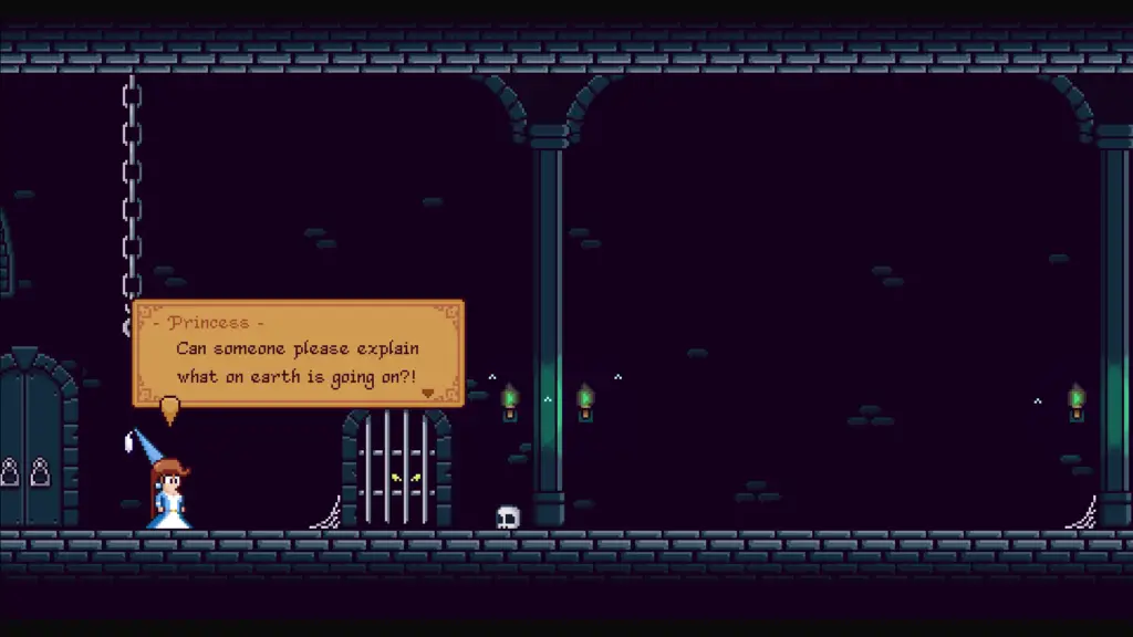 A princess clad in a blue and white dress finds herself in what appears to be a dark dungeon unsure of what is going on.