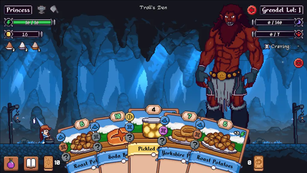 The card combat screen shows your card options, enemy, and your heroine cooking into the cauldron. The princess is full health and Grendel the troll has not eaten anything yet.